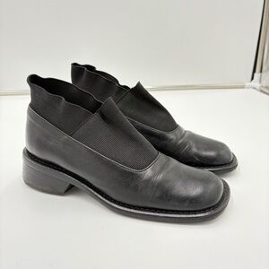 Vtg Luc Berjen Paris Black Leather Italy Square Toe Block Heel Slip on Shoe 37